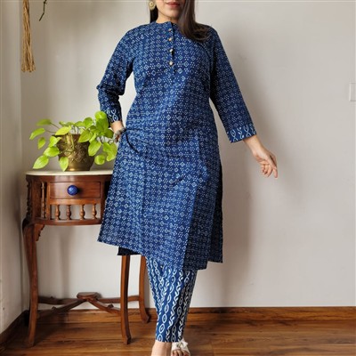 Deep Navy Geometric Wave Cotton Kurti Set