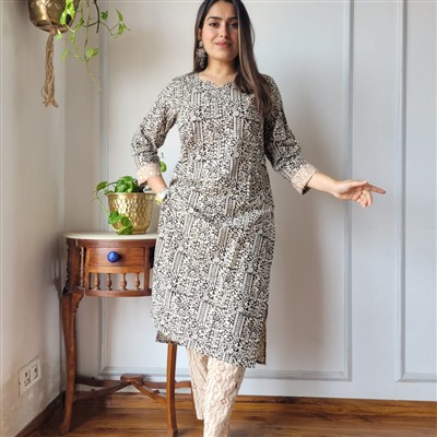 Indigo Bagru Print Cotton A-Line Kurti Set