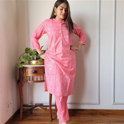 Indigo Sanganeri Cotton A-Line Kurti with Pant