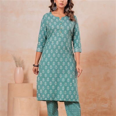 Teal Floral Whisper Cotton Kurti with Polka Pants