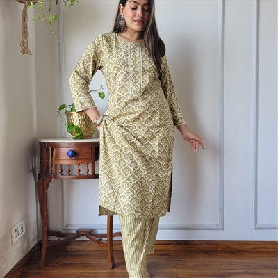 Olive Floral Cascade Cotton A-Line Ensemble