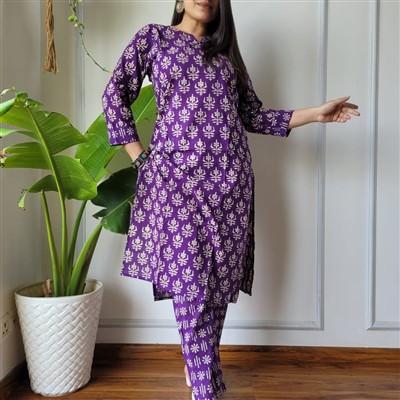 Deep Purple Floral Elegance Cotton A-Line Kurti Set