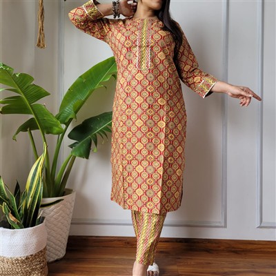 Crimson Geometric Elegance Cotton A-Line Ensemble