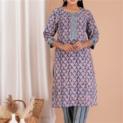 Indigo Bagru Block Print Cotton A-Line Kurti with Pant