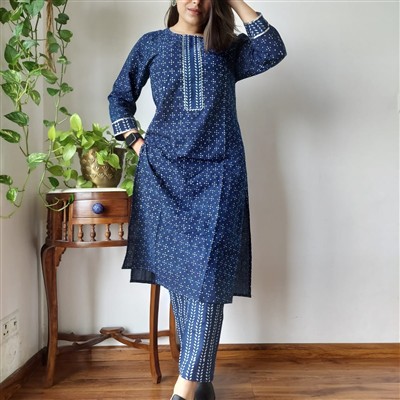 Navy Dot Harmony Cotton A-Line Kurti with Pant