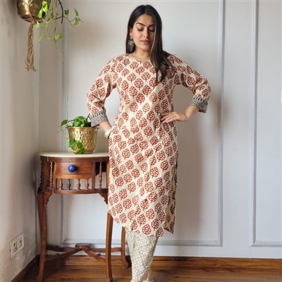 Indigo Sanganeri Floral Cotton A-Line Kurti with Pant