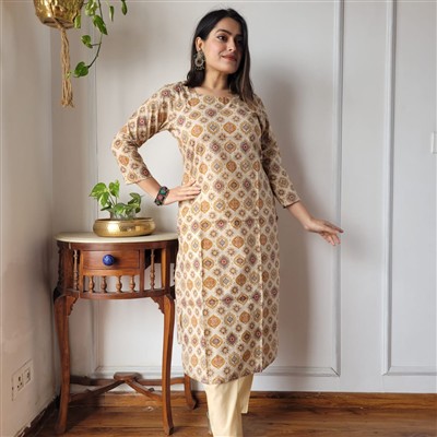 Indigo Bagru Floral Cotton A-Line Kurti with Pant