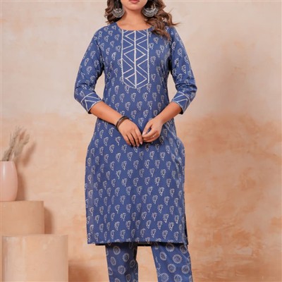 Navy Floral Harmony Cotton A-Line Kurti with Pant
