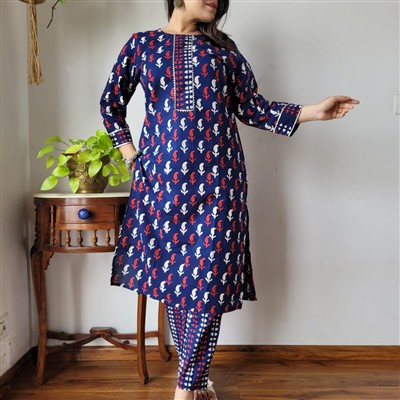 Deep Navy Floral Cascade Cotton A-Line Ensemble