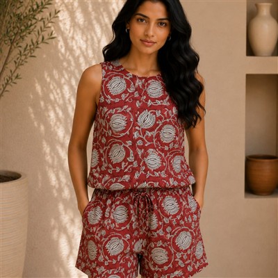 Crimson Floral Whispers Cotton Co-Ord Set