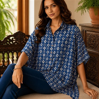 Emerald Leaf Printed Cotton Kaftan Shirt