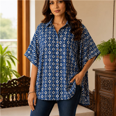 Emerald Leaf Printed Cotton Kaftan Shirt