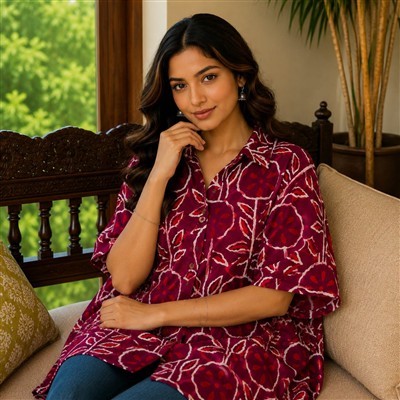 Peacock Feather Print Cotton Short Kaftan Shirt