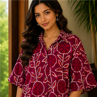 Peacock Feather Print Cotton Short Kaftan Shirt