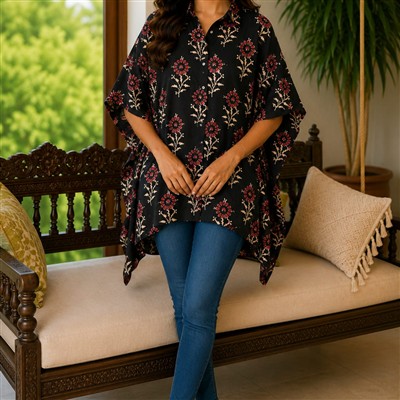 Crimson Floral Hand Block Printed Cotton Short Kaftan