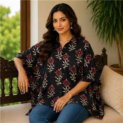 Crimson Floral Hand Block Printed Cotton Short Kaftan