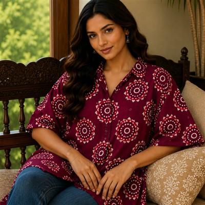 Burgundy Floral Pure Cotton Short Kaftan