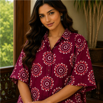 Burgundy Floral Pure Cotton Short Kaftan