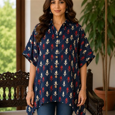 Navy Floral Hand Block Printed Cotton Kaftan