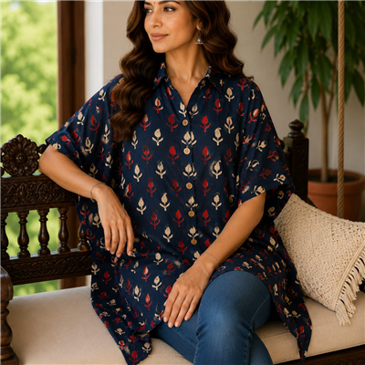 Navy Floral Hand Block Printed Cotton Kaftan