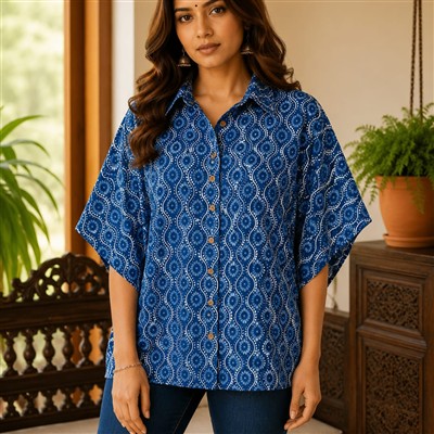 Azure Blooms Cotton Short Kaftan Shirt