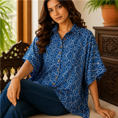 Azure Blooms Cotton Short Kaftan Shirt