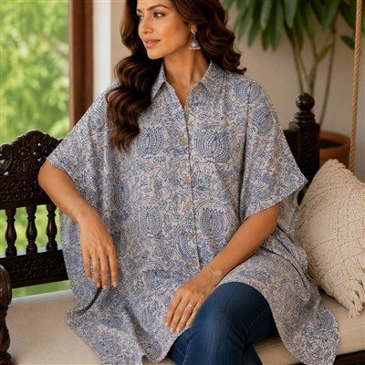 Sky Blossom Hand Block Printed Short Kaftan Shirt