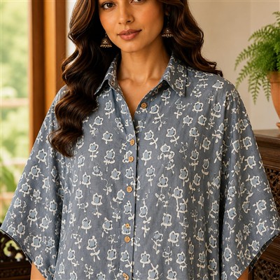 Slate Blue Floral Cotton Short Kaftan Shirt