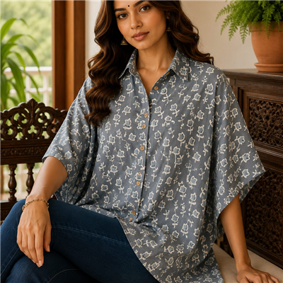 Slate Blue Floral Cotton Short Kaftan Shirt