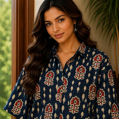 Sapphire Blossom Hand Block Printed Kaftan Top