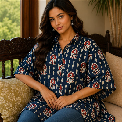Sapphire Blossom Hand Block Printed Kaftan Top