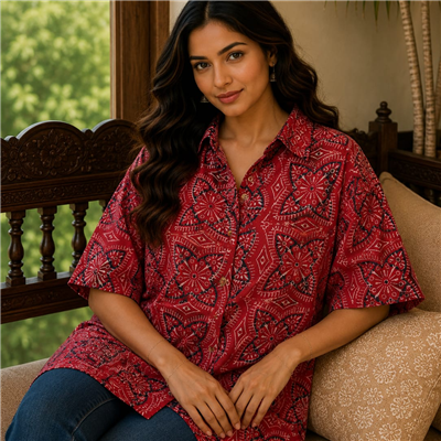 Cerulean Blooms Cotton Short Kaftan Shirt