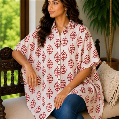 Sapphire Blossoms Hand Block Printed Short Kaftan