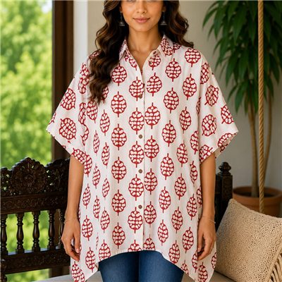 Sapphire Blossoms Hand Block Printed Short Kaftan