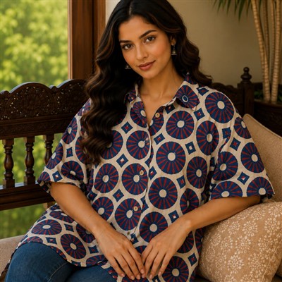 Azure Floral Hand Block Printed Cotton Kaftan