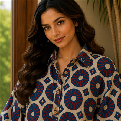 Azure Floral Hand Block Printed Cotton Kaftan