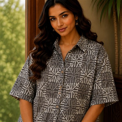 Charcoal Geometric Pure Cotton Short Kaftan Shirt