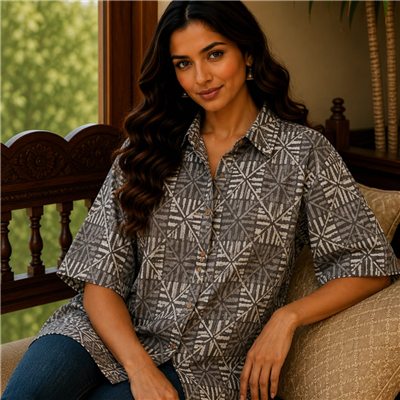 Charcoal Geometric Pure Cotton Short Kaftan Shirt