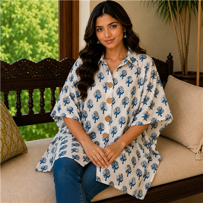 Cream Tree Motif Cotton Short Kaftan Shirt