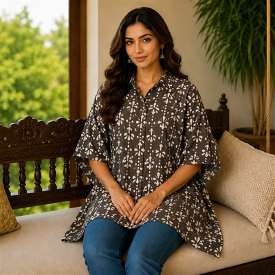 Charcoal Blossom Hand Block Print Cotton Kaftan