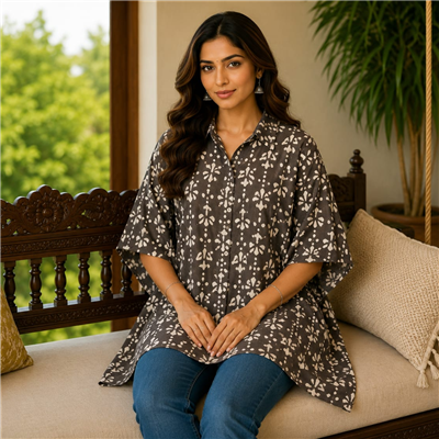 Charcoal Blossom Hand Block Print Cotton Kaftan