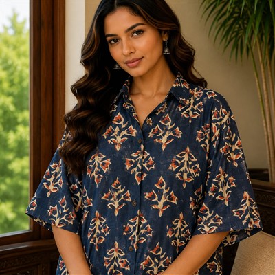Coral Blossom Hand Block Printed Cotton Kaftan Shirt