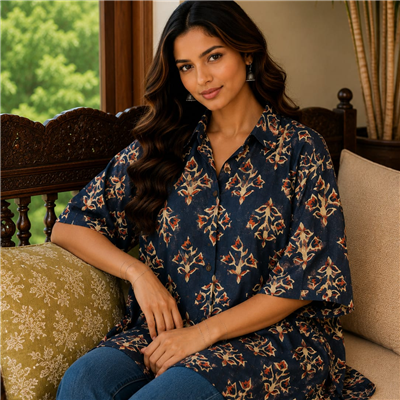 Coral Blossom Hand Block Printed Cotton Kaftan Shirt