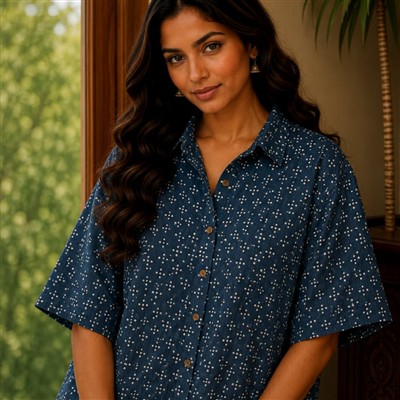 Saffron Blossom Hand Block Printed Cotton Kaftan Shirt