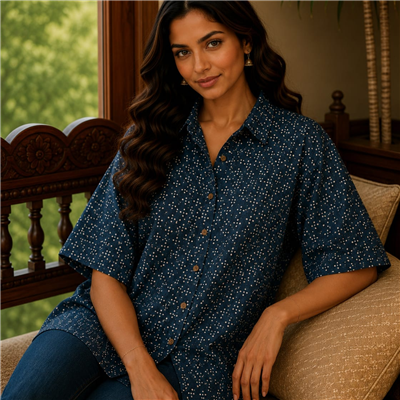 Saffron Blossom Hand Block Printed Cotton Kaftan Shirt
