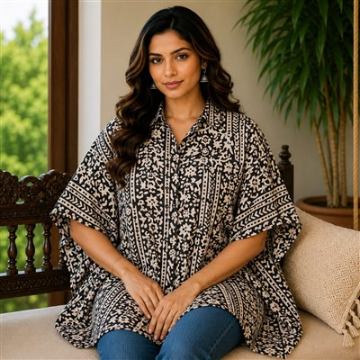 Golden Petal Hand Block Printed Cotton Kaftan Top