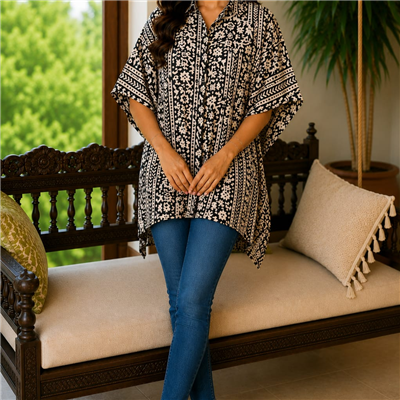 Golden Petal Hand Block Printed Cotton Kaftan Top