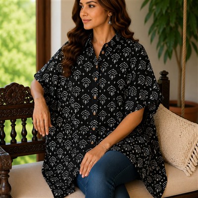 Raven Blossom Hand Block Printed Cotton Kaftan Shirt