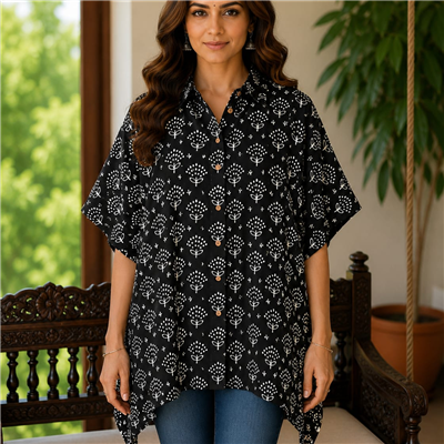 Raven Blossom Hand Block Printed Cotton Kaftan Shirt