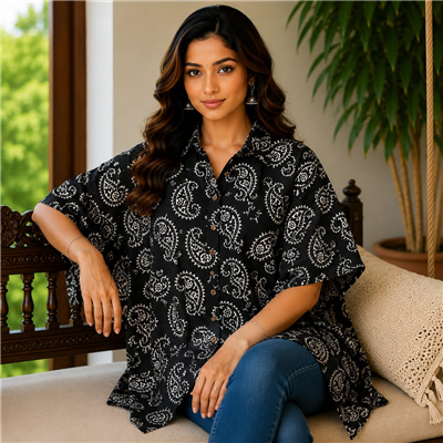 Ebony Paisley Cotton Short Kaftan Shirt